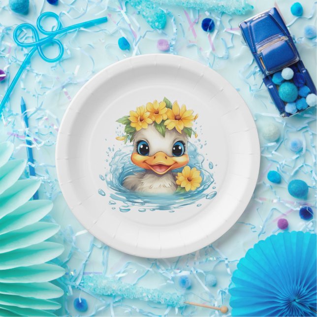 Assiettes En Carton Bébé mignon Canard Canards Fleurs d'animaux amusan (Fête)