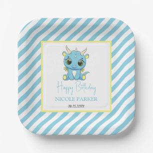 Assiettes En Carton Bébé mignon Dragon Bleu Stripes Anniversaire