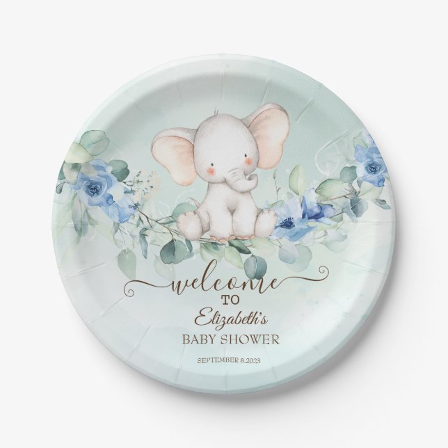 Assiettes En Carton Bébé mignon Eléphant Bleu Roses (Devant)