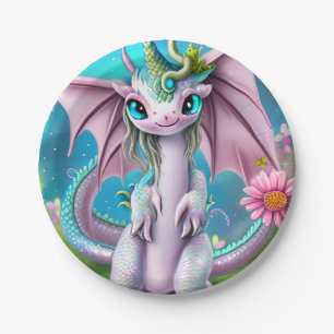 Assiettes En Carton Bébé mignon et souriant Dragon aux fleurs