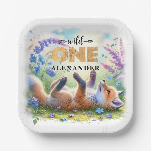 Assiettes En Carton Bébé mignon renard sauvage un anniversaire (Recto)