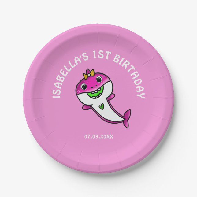 Assiettes En Carton Bébé mignon requin rose 1er anniversaire (Devant)