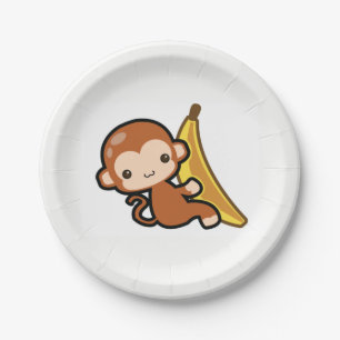 Assiettes En Carton Bébé mignon singe blanc banane