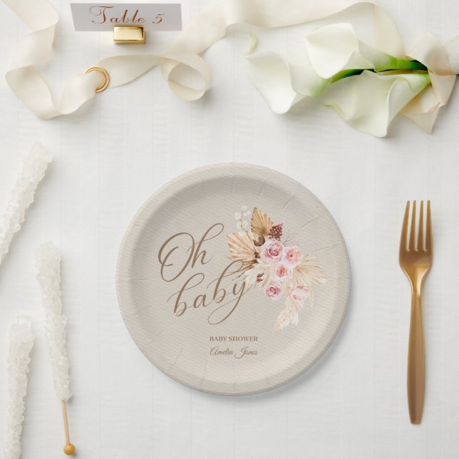 Assiettes En Carton Bébé Neutre Pampas Rose Giraffe Grass (Mariage)