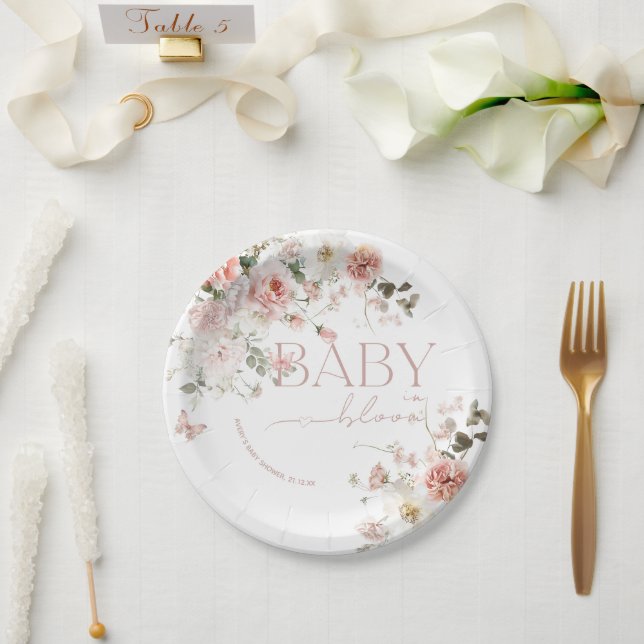 Assiettes En Carton Bébé papillon en fleur Baby shower floral rose (Mariage)