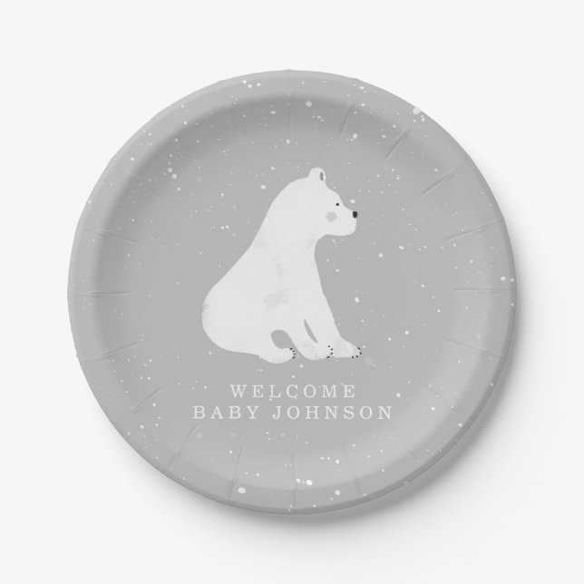 Assiettes En Carton Bébé Polar Bear Cub Gris Baby shower d'hiver (Devant)
