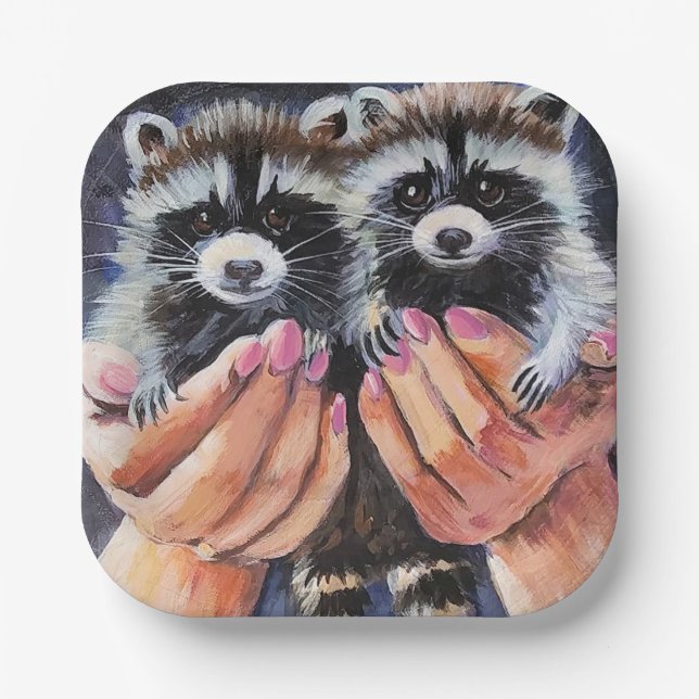 Assiettes En Carton Bébé Raccoons dans les plaques de papier manuel (Recto)