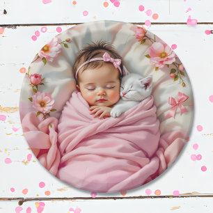 Assiettes En Carton Bébé rose floral fille et chaton blanc