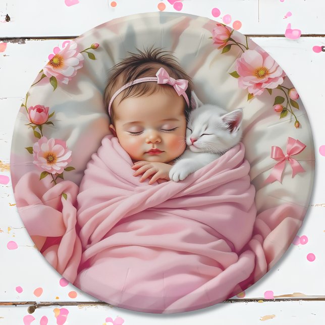 Assiettes En Carton Bébé rose floral fille et chaton blanc (Créateur téléchargé)