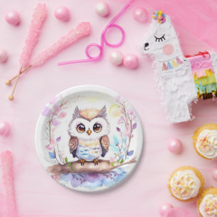 Assiettes En Carton Bébé rose Hibou Douche fille