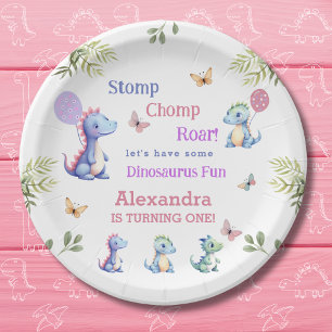 Assiettes En Carton Bébé rose mignonne fille Dinosaur 1er anniversaire