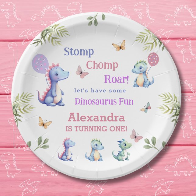 Assiettes En Carton Bébé rose mignonne fille Dinosaur 1er anniversaire (Créateur téléchargé)