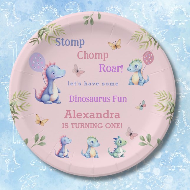 Assiettes En Carton Bébé rose mignonne fille Dinosaur 1er anniversaire (Créateur téléchargé)