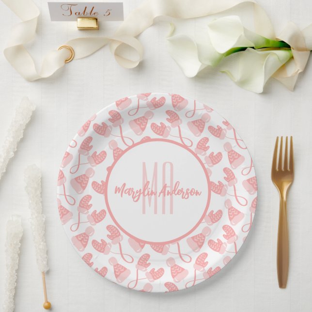 ASSIETTES EN CARTON BÉBÉ ROSE NOËL MITTENS HIVER & MONOGRAMME CASQUETT (Mariage)