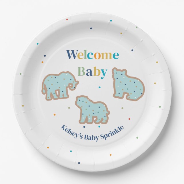 Assiettes En Carton Bébé Saupoudrer Animaux Cookies Baby shower garçon (Devant)