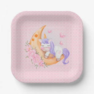 Assiettes En Carton Bébé Unicorne au-dessus de la lune avec fleurs