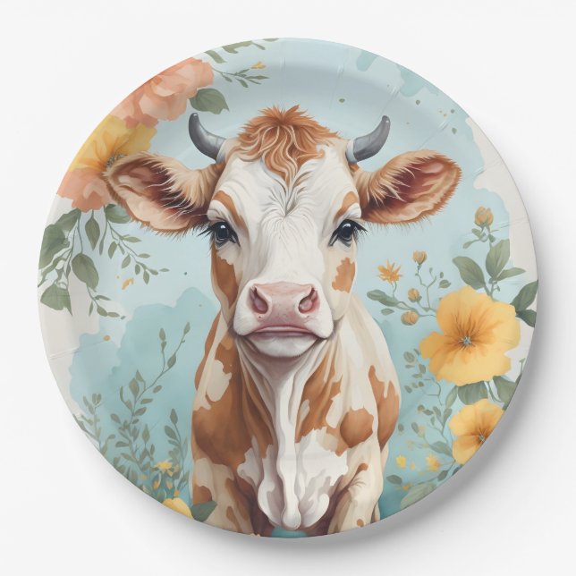 Assiettes En Carton Bébés mignons animaux | Vache adorable Fleur de ve (Devant)