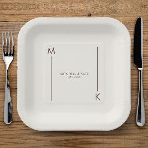 Assiettes En Carton Beige Brown simple Mariage Monogramme