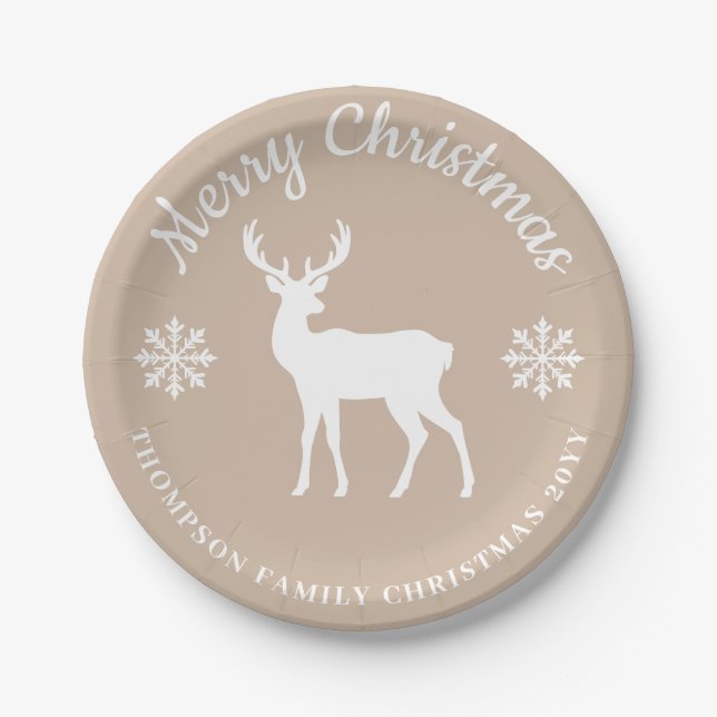 Assiettes En Carton Beige White Deer And Snowflakes Christmas Party (Devant)