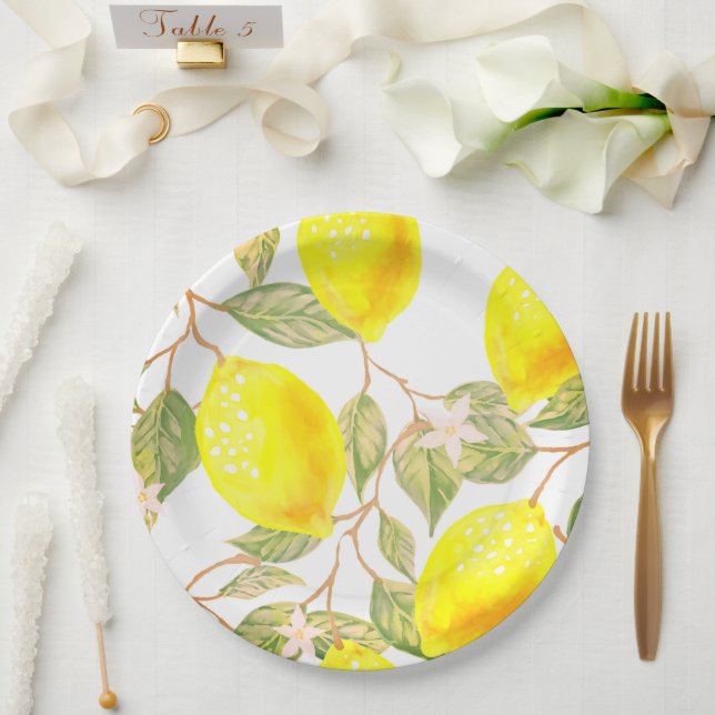 Assiettes En Carton Belle aquarelle design citron (Mariage)