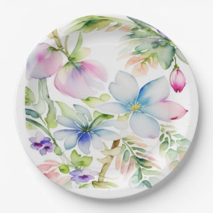Assiettes En Carton Belle aquarelle Fleurs de printemps bleu rose