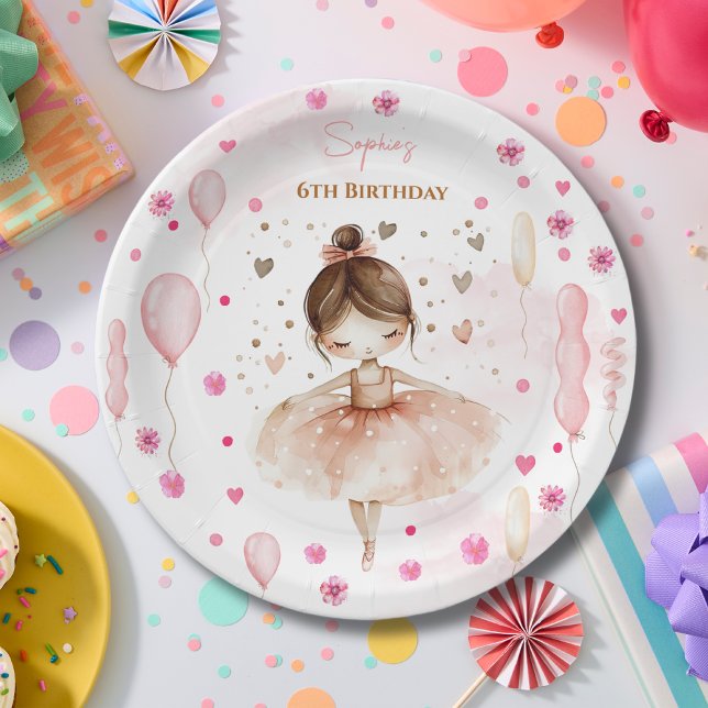Assiettes En Carton Belle ballerine rose et ballons anniversaire (Créateur téléchargé)
