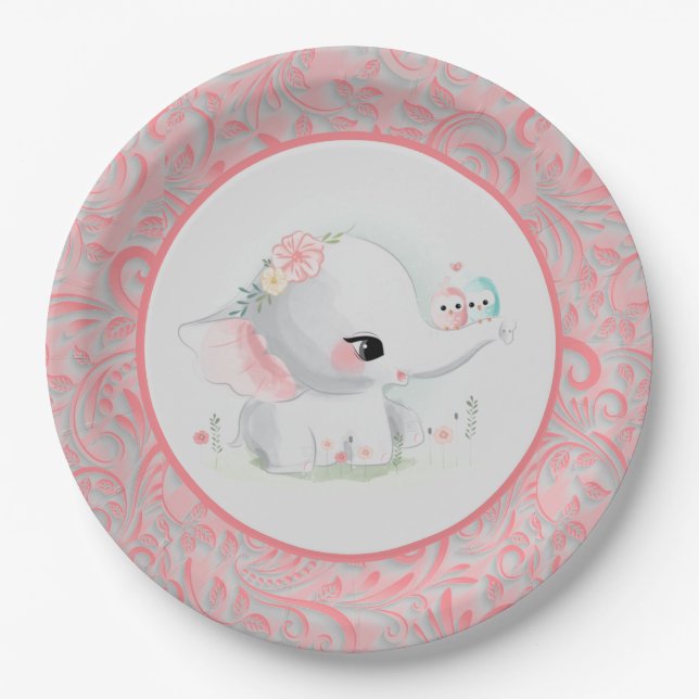 Assiettes En Carton Belle Bébée Blanche Fille Eléphant (Devant)