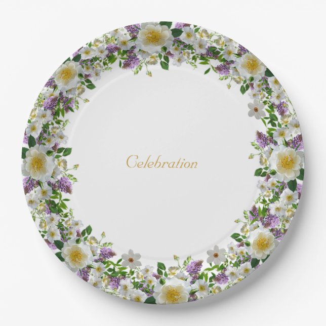 Assiettes En Carton Belle couronne de fleurs en violet & blanc (Devant)