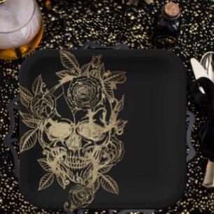 Assiettes En Carton Belle déplaisante   Crâne Grunge d'or avec Rose