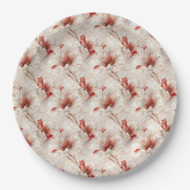 Assiettes En Carton Belle Flore Rouge Blanc (Devant)
