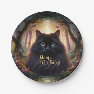 Assiettes En Carton Belle Fluffy Chat Noir avec yeux or Anniversaire