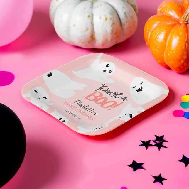 Assiettes En Carton Belle Halloween fantômes baby shower rose (Cute Halloween boo ghosts pink baby shower Paper Plates)