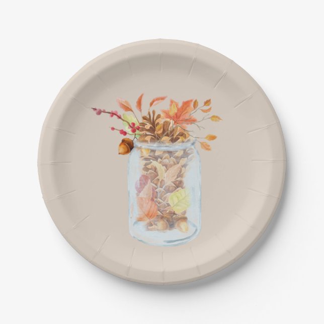 Assiettes En Carton Belle Mason Jar Automne Thanksgiving Aquarelle (Devant)