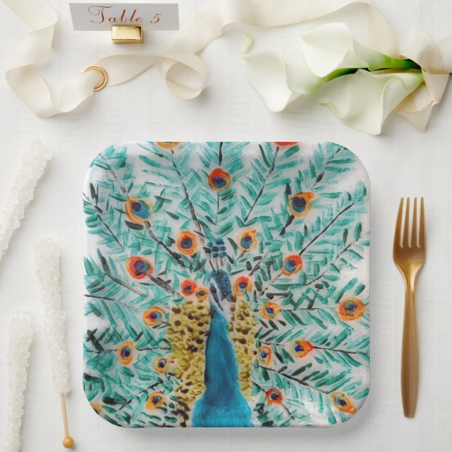 Assiettes En Carton Belle Peacock Feathy Paon (Mariage)