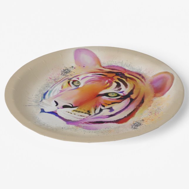 Assiettes En Carton Belle peinture couleur Tigre Aquarelle (Angle)