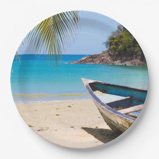 Assiettes En Carton Belle plage tropicale avec bateau à rames (Devant)