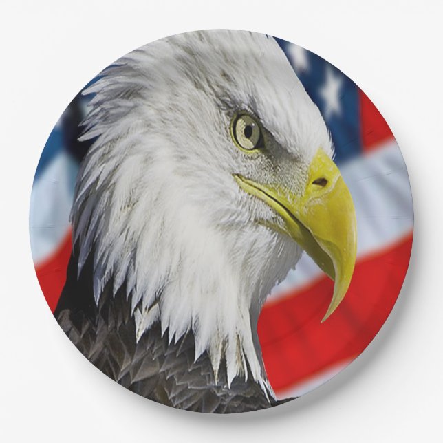Assiettes En Carton Belle tête d'aigle chauve et un drapeau américain  (Devant)