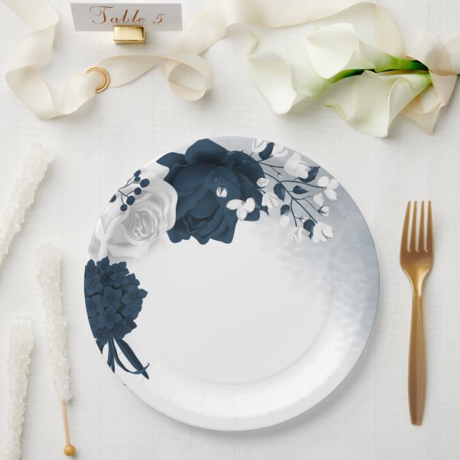 Assiettes En Carton Belles fleurs blanches et marines (Mariage)