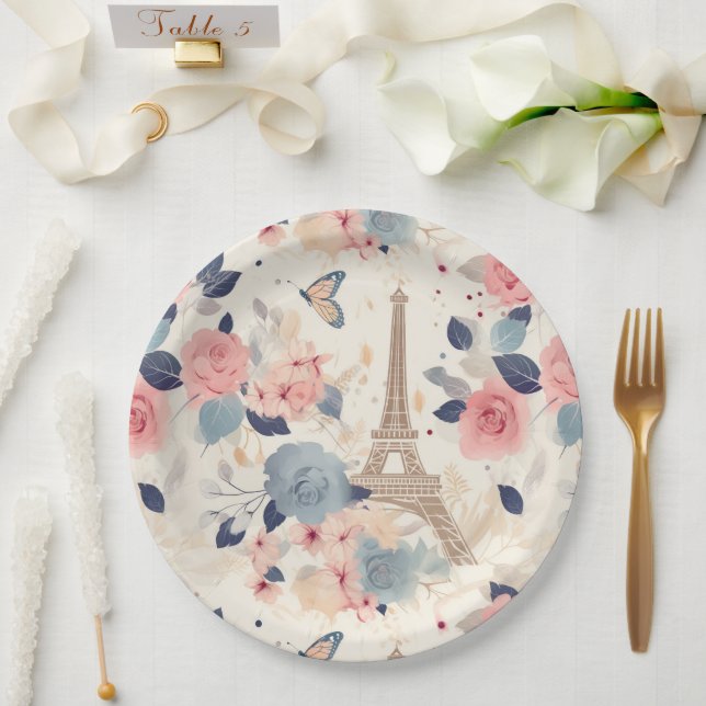 Assiettes En Carton Belles Fleurs et Tour Eiffel Paris (Mariage)