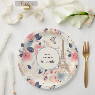 Assiettes En Carton Belles Fleurs et Tour Eiffel Paris Anniversaire