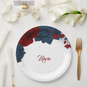 Assiettes En Carton Belles fleurs rouges et navy 