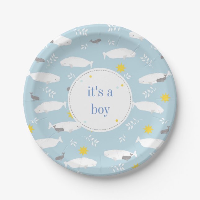 Assiettes En Carton Béluga bleu pastel étoiles baby shower design (Devant)