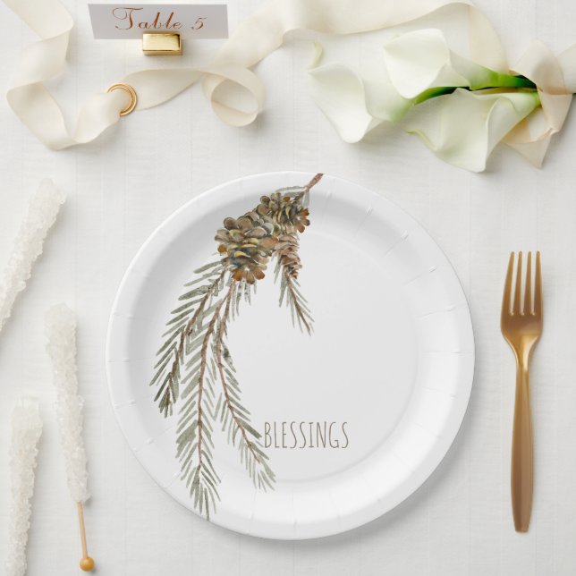 Assiettes En Carton Bénédiction simple cônes de pin Thanksgiving (Mariage)