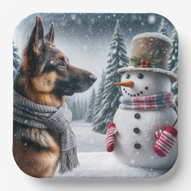 Assiettes En Carton Berger Allemand Avec Snowman De Vacances (Recto)