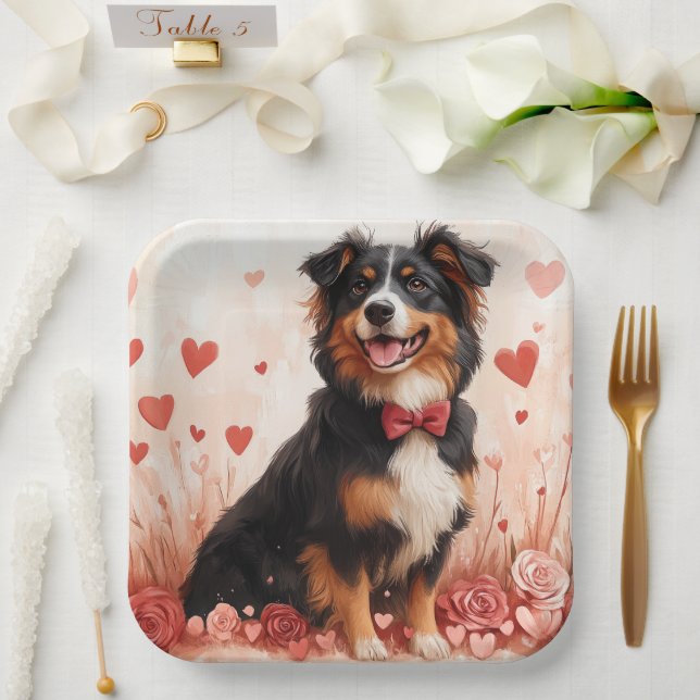 Assiettes En Carton Berger Australien avec des Roses - Saint-Valentin  (Mariage)