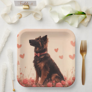 Assiettes En Carton Berger d'Anatolie avec des Roses - Saint-Valentin