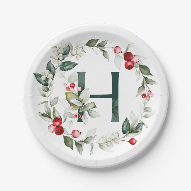 Assiettes En Carton Berries d'hiver Monogramme H Plaque de papier (Devant)