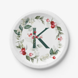 Assiettes En Carton Berries d'hiver Monogramme K Plaque de papier