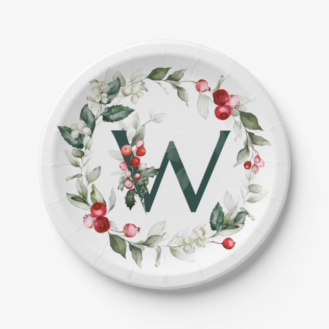 Assiettes En Carton Berries d'hiver Monogramme W Plaque en papier (Devant)