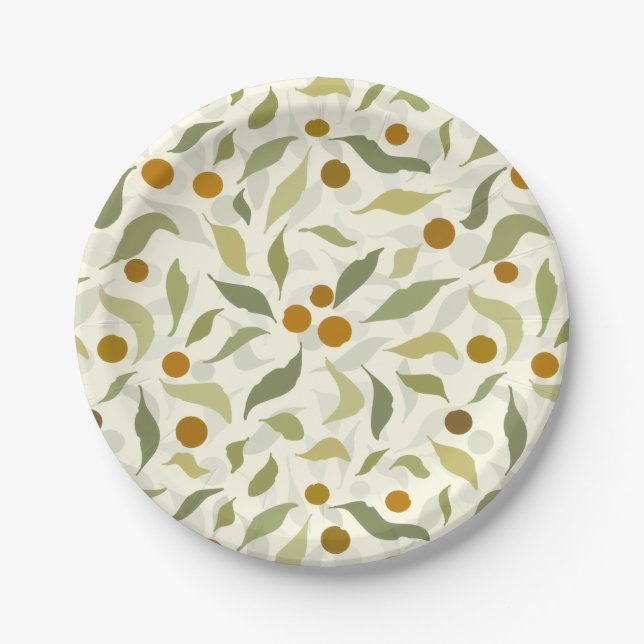 Assiettes En Carton Berries d'Orange et Feuilles sur crème - motif. (Devant)